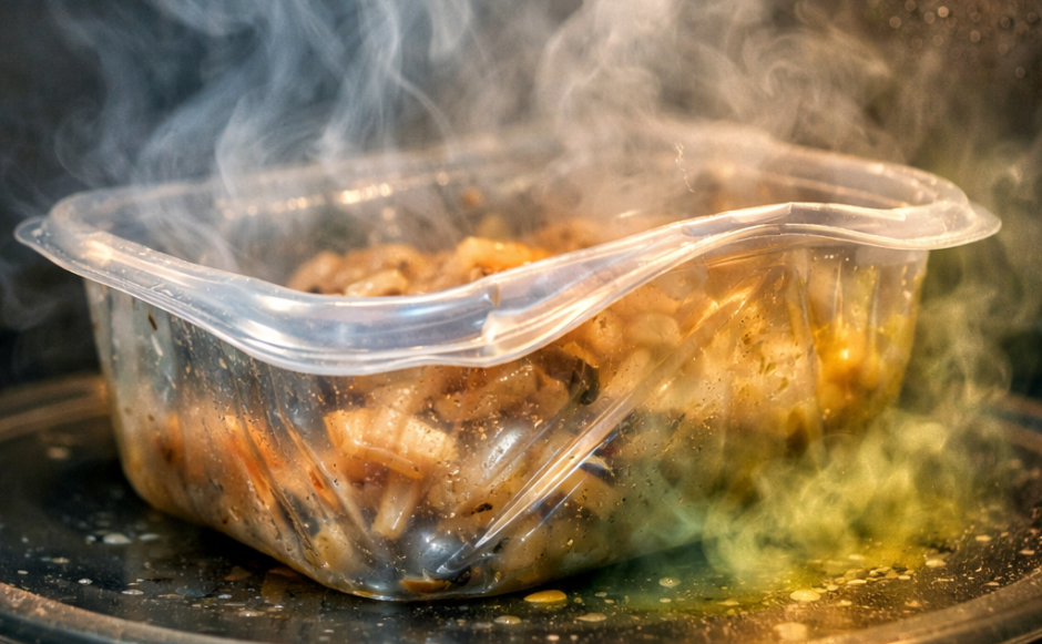 Clear plastic container with steaming food inside microwave